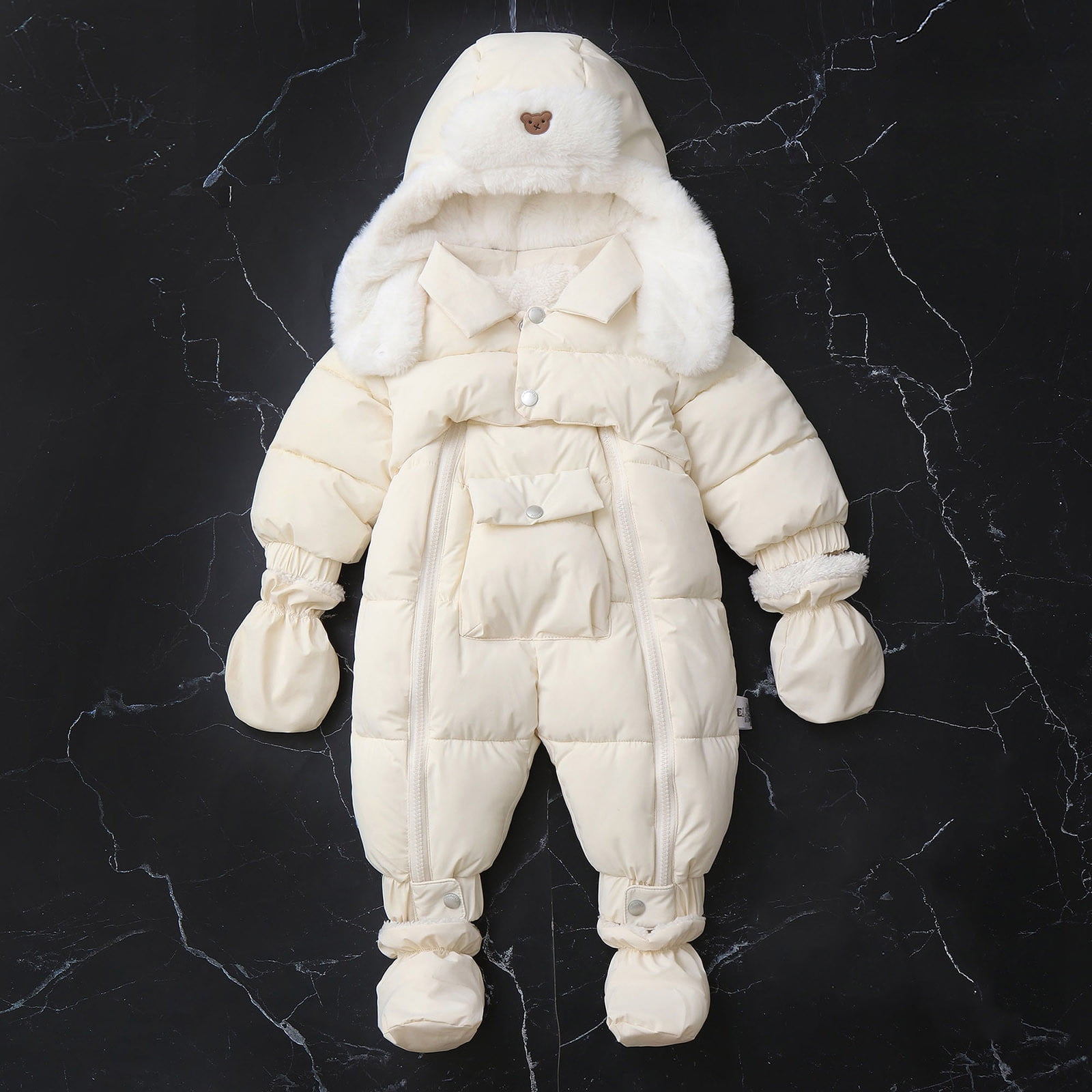 Winter Warm Bodysuit Solid Cute Bear Hooded Puffer Romper Boys Girls Snowsuit One Piece Jumpsuit