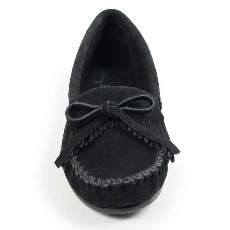 Minnetonka Women's Kilty Suede Hardsole Moccasin, Black, 8.5 W US