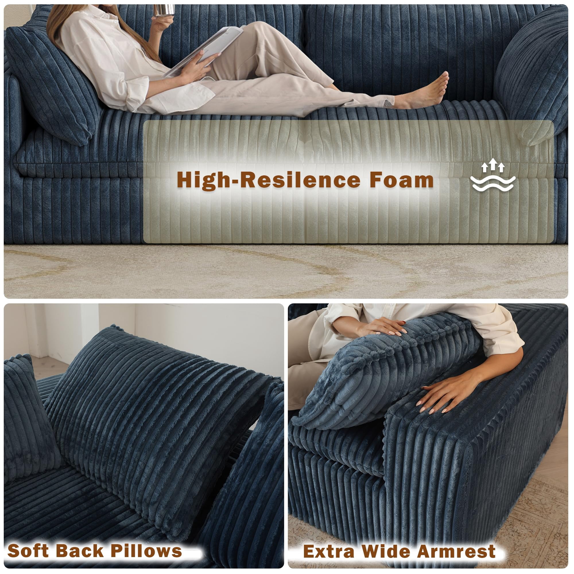 Eyisean 78.8" Corduroy Cloud Loveseat Couch with Ottoman, 2 Seater Comfy Boneless Couch with Throw Pillow, Removable Cushion, Lounge Sofa in a Box, Modular Sectional Sofa for Living Room, Bedroom