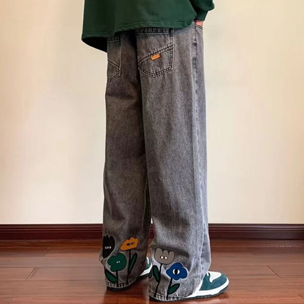 Mens Y2K Flower Printed Baggy Jeans Vintage Straight Pants Mens Y2K Flower Printed Baggy Jeans Vintage Straight Pants