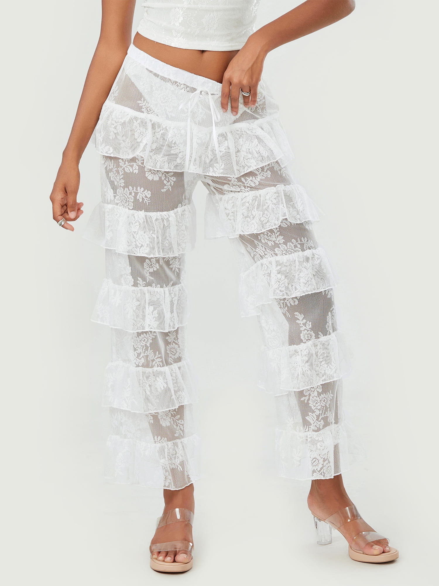 新しいコレクション Bangyeer Women Lace See Through Pants Ruffle Layered Low パンツ