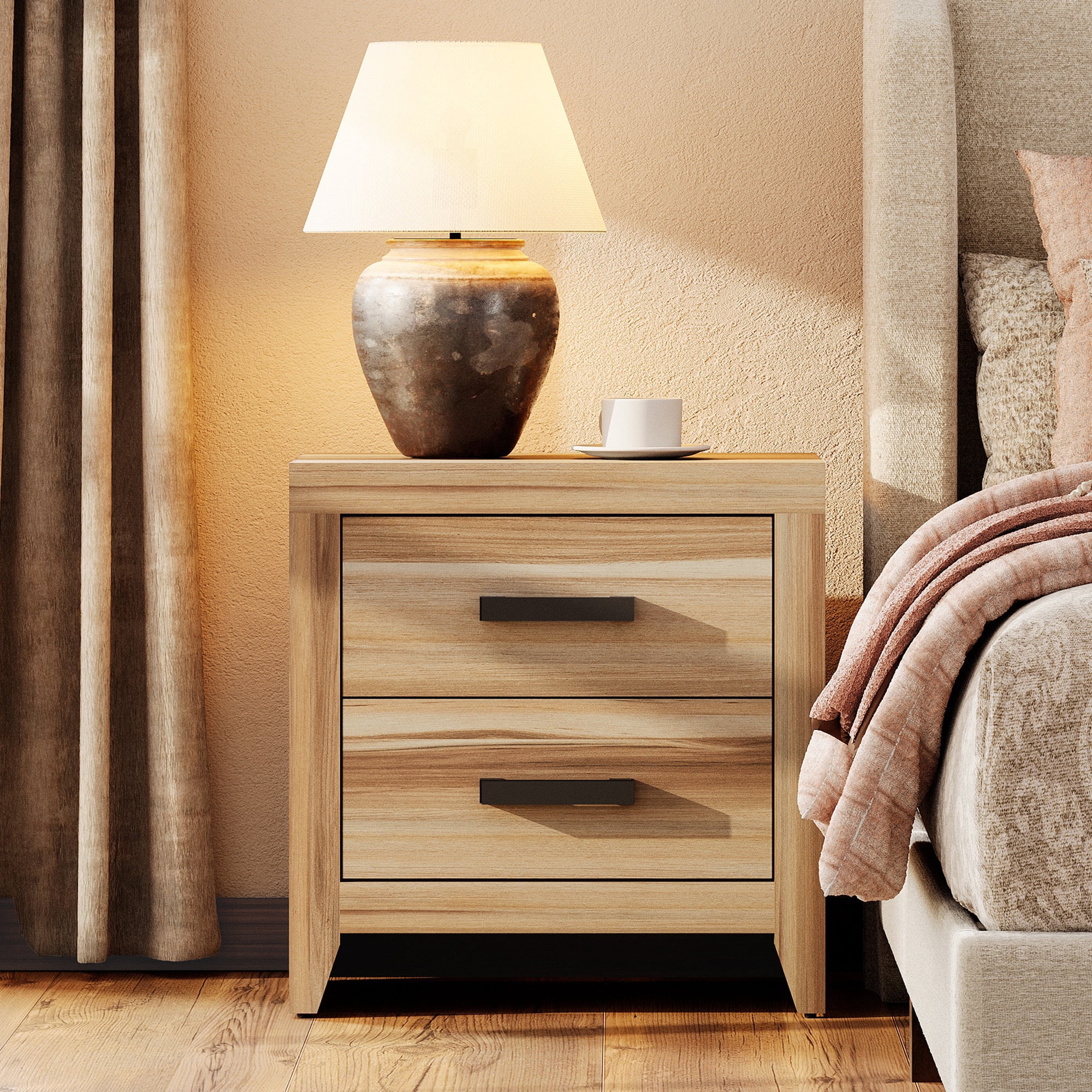 Farmhouse Rustic Wooden Nightstand With 2 Smooth‑Glide Storage Drawers,Solid‑Base Bedside End Table,Multi‑Purpose Accent Side Cabinet For Bedroom,Living‑Room,Two-Tone