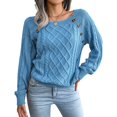 thumbnail image 3 of Defitshape Women's Cable Knit Sweater Long Sleeve Fall Top Boat Neck Soft Button Bishop Sleeve Spring Elegant Winter Thick Loose Fit Knitwear Knitted Pullover Sweater Blue Large, 3 of 5