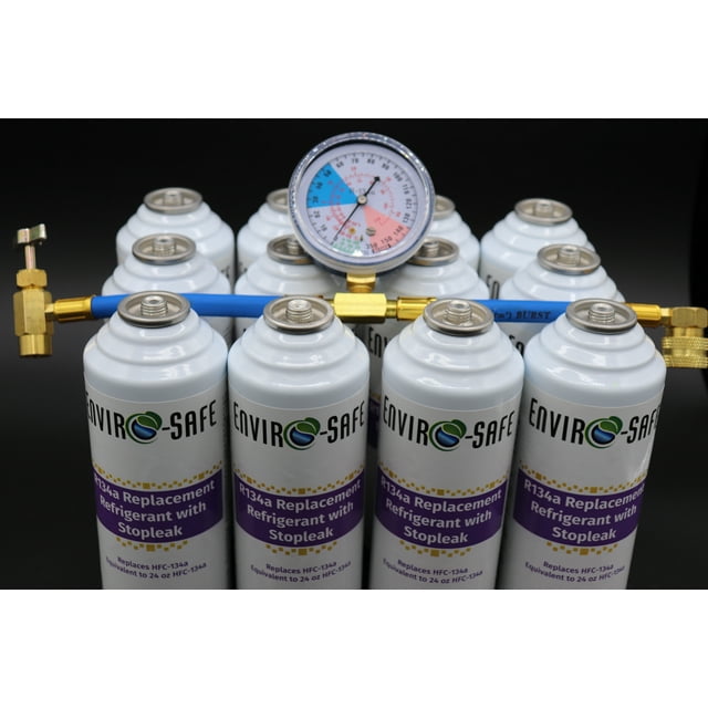 R134a Refrigerant replacement with stop leak, case of 12 and Brass gauge, R134, r134a