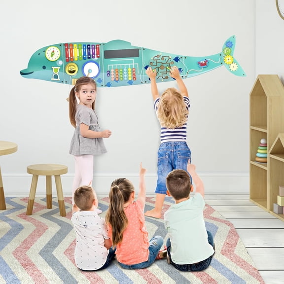Datingday Sensory Wall Toy，Whale Activity Wall Busy Board Panels, Wooden Busy Board for Toddlers, Educational Toy, Kids Learning Toys for Daycare & Playroom (60''x12.6'')