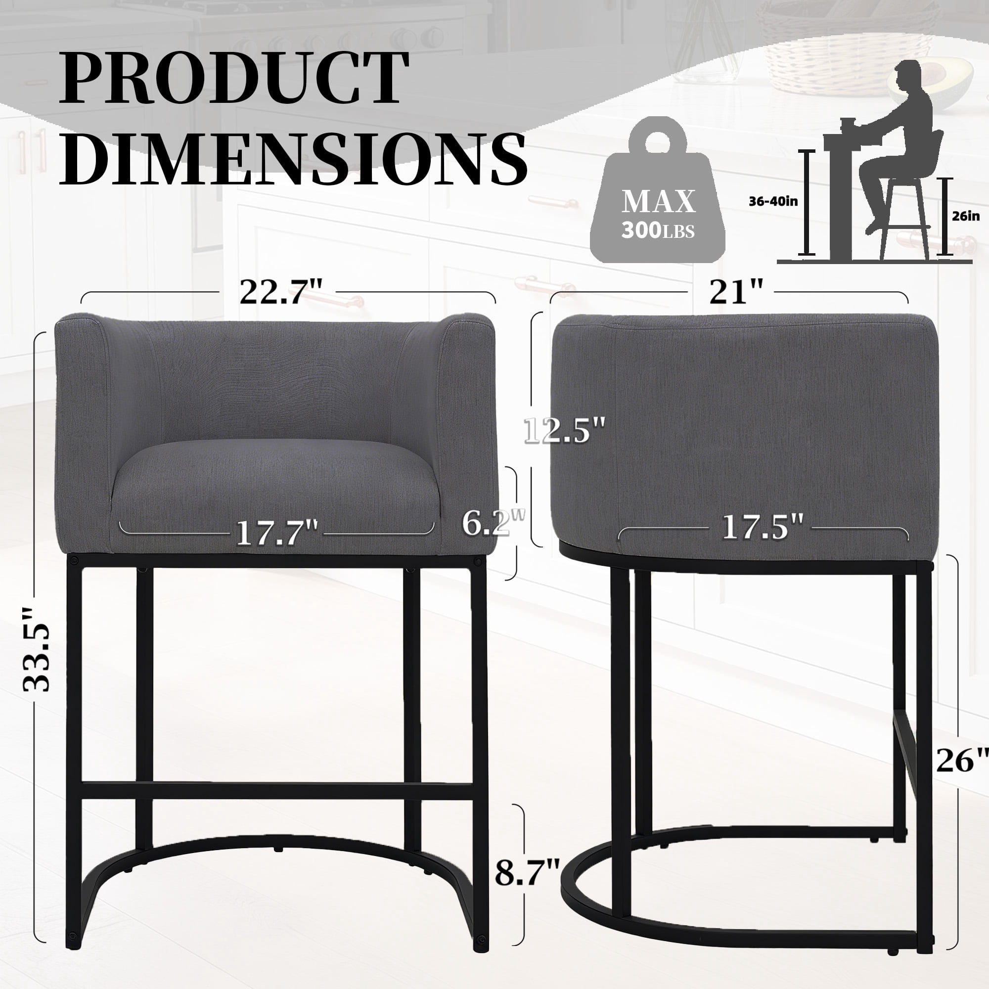 CRERIYO 26" Counter Height Bar Stools Set of 2, Fabric Upholstered Modern Barrel Bar Chairs with Metal Frame, Darkgray