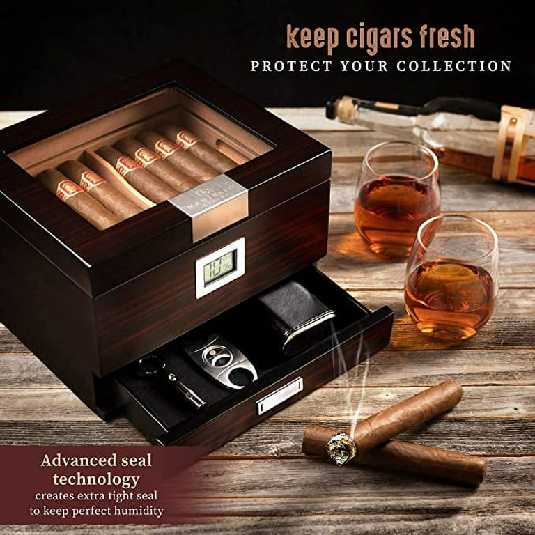Mantello Cigars Humidors- Humidor Cigar Box with Drawer for Cigar  Accessories - Cigar Humidor with Digital Hygrometer- Gifts for Men- Spanish  Cedar Lined Cigar Humidors - Holds 25-50 Cigars 