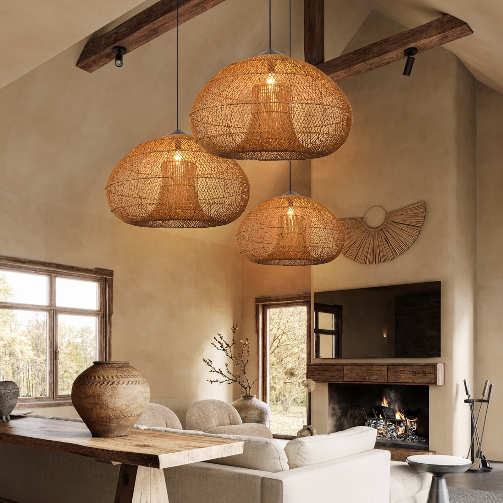 Arturesthome Rattan Pendant Light Rattan Chandelier Hand-Woven Boho Pendant Light Fixtures with Solid Wood Basket Wicker Chandelier for Dining Room Kitchen Island Living Room
