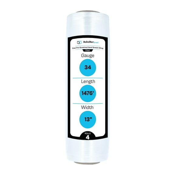 MMBM Pre-Stretch Hand Shrink Wrap 13" x 1476' 4 Rolls 34 Gauge Clear Cast Plastic Film for Packing Shipping Wrapping