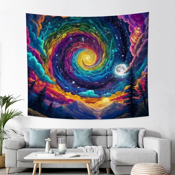 Blacklight Galaxy Tapestry Trippy Starry Night Tapestries Magical Forest Trees Mountain Tapestry Wall Hanging Background for Bedroom,60Wx50H