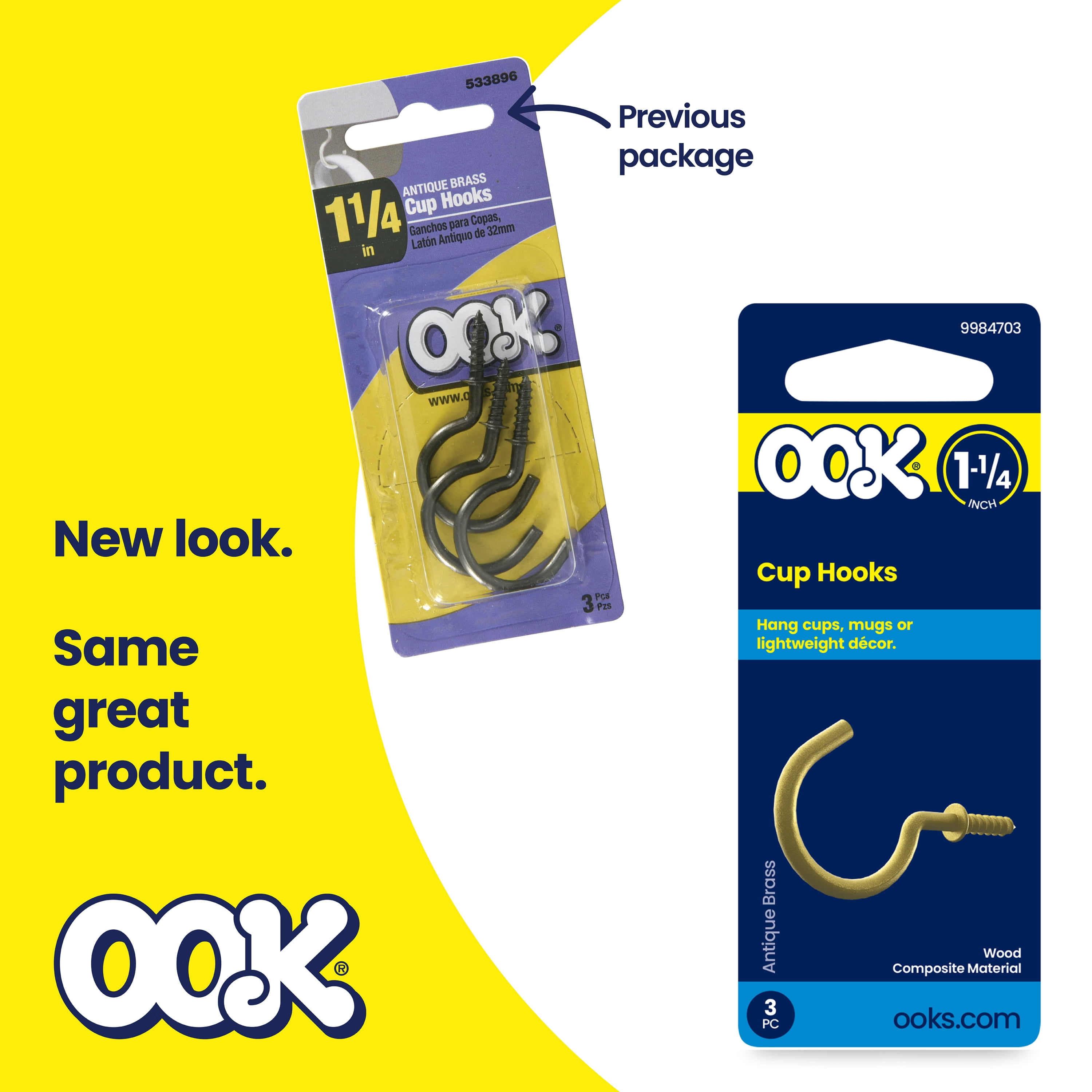 (3 pack) Ook Cup Hooks, 1-1/4", 1 lbs, Screw Hooks, Steel, Antique Brass, Gold, 3 pack