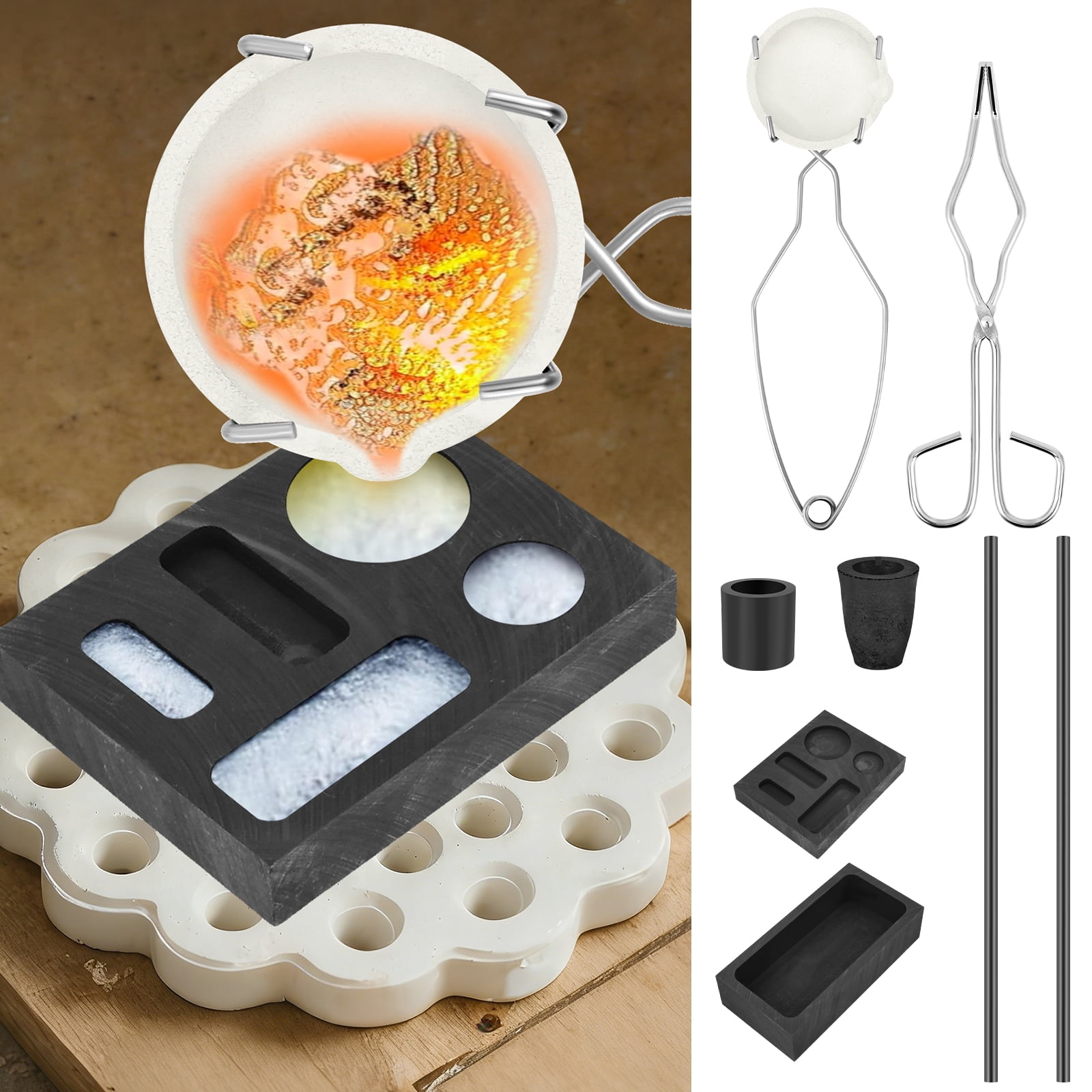 8 Piece Melting Casting Set Including Tool Tong 2 Graphite Stir Rod Sticks 5 in 1 Graphite Ingot Mold and More for Gold Silver Aluminum