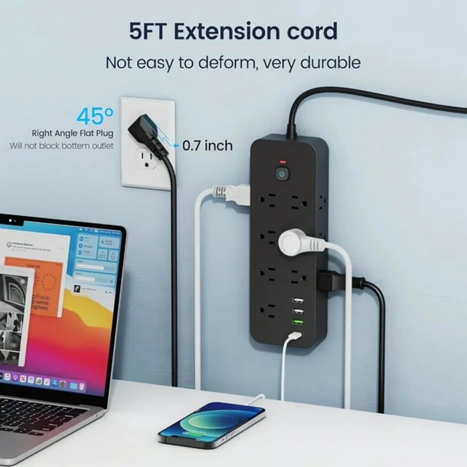 BEISHINK Surge Protector Extension Cable Power Board with Multiple Plug ins and USB Ports, Black