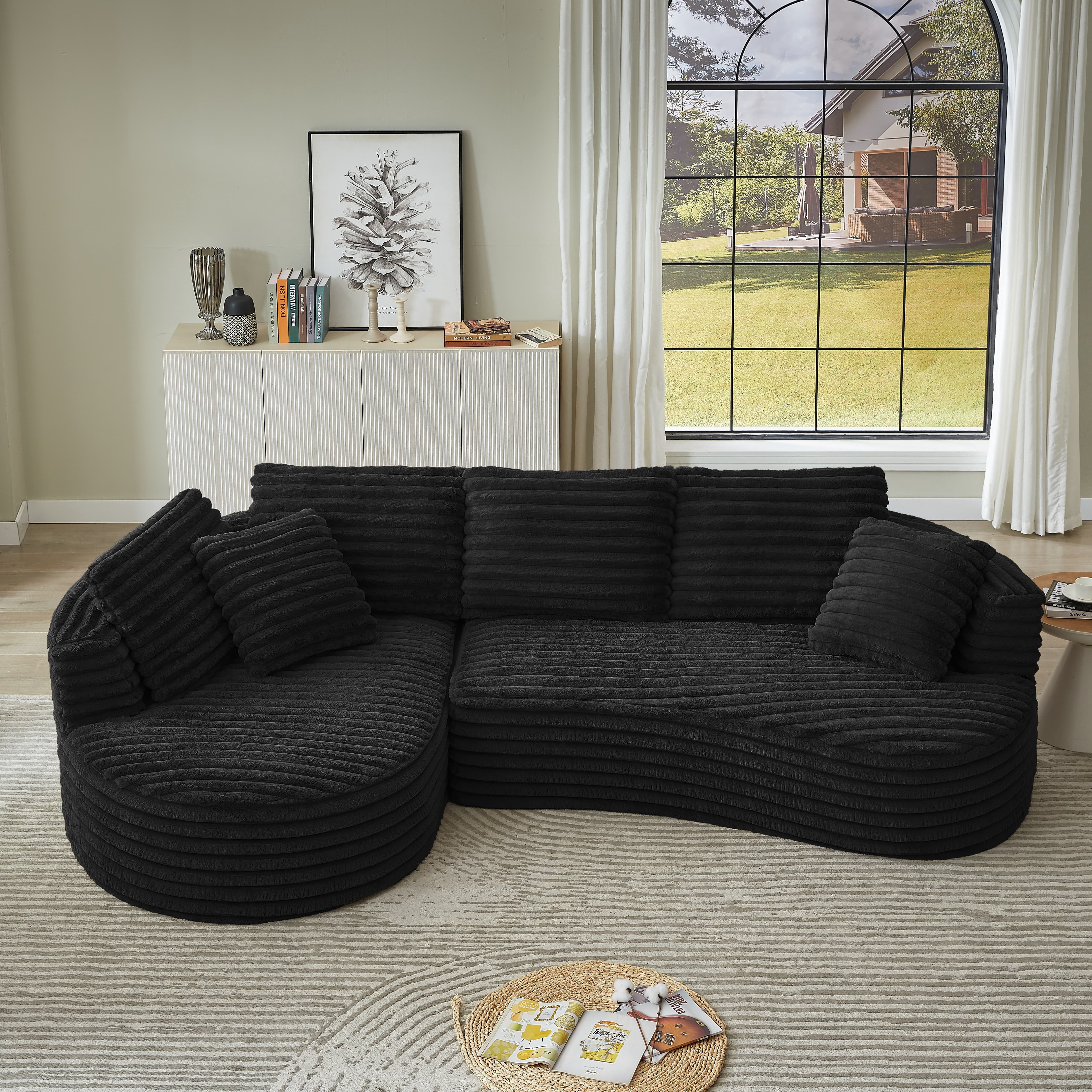 MAYEERTY 120.9" Black Corduroy Curved L Modular Sectional Sofa, Pocket Spring No Assembly Couch for Living Room Reception