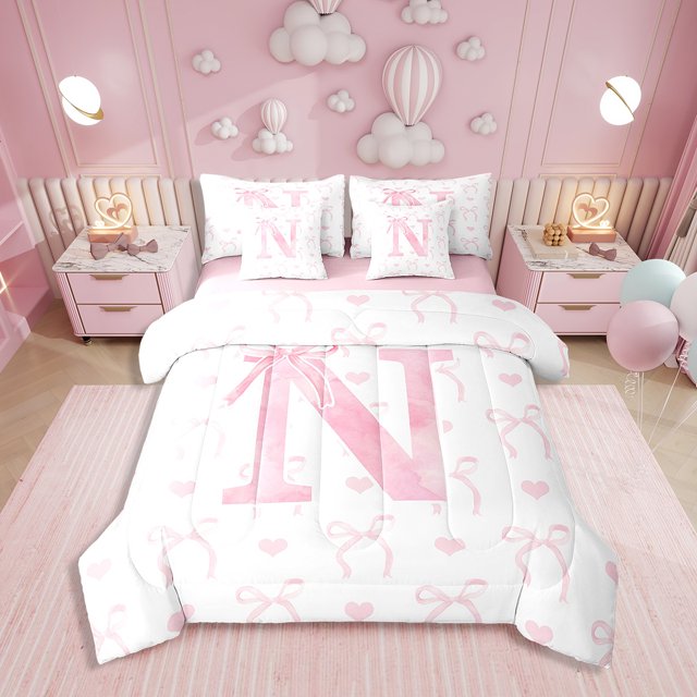 Erosebridal Ensemble de Literie Kawaii pour Filles avec Nœud, Format Grand Lit, Ensemble de Lit Initiale N, Déco Romantique Initiales A-Z, Réversible