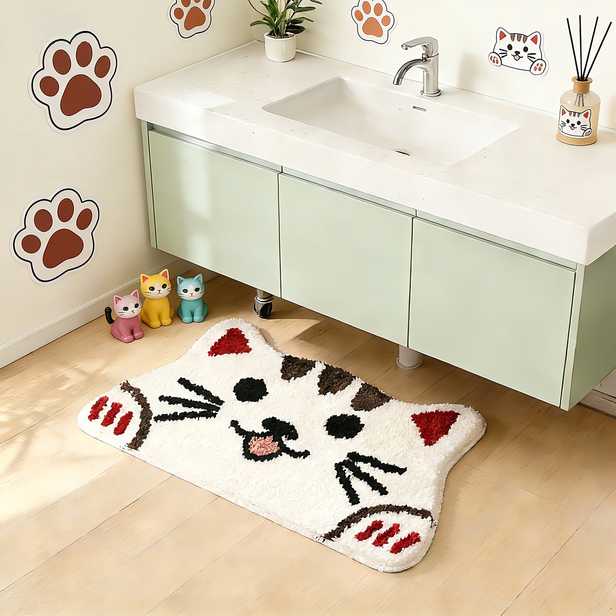 Kaisaatti Super Soft Absorbent Bath Mat-Cute Animal Pattern, Non-Slip TPE Backing, Machine Washable Quick Dry Bathroom Rug,15.7x27.6"(white cat,2pack)