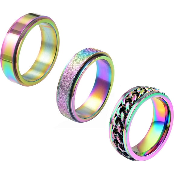 3Pcs Stainless Steel Fidget Spinner Ring for Women Men Wedding Band Rings Set Anxiety Stress Relieving