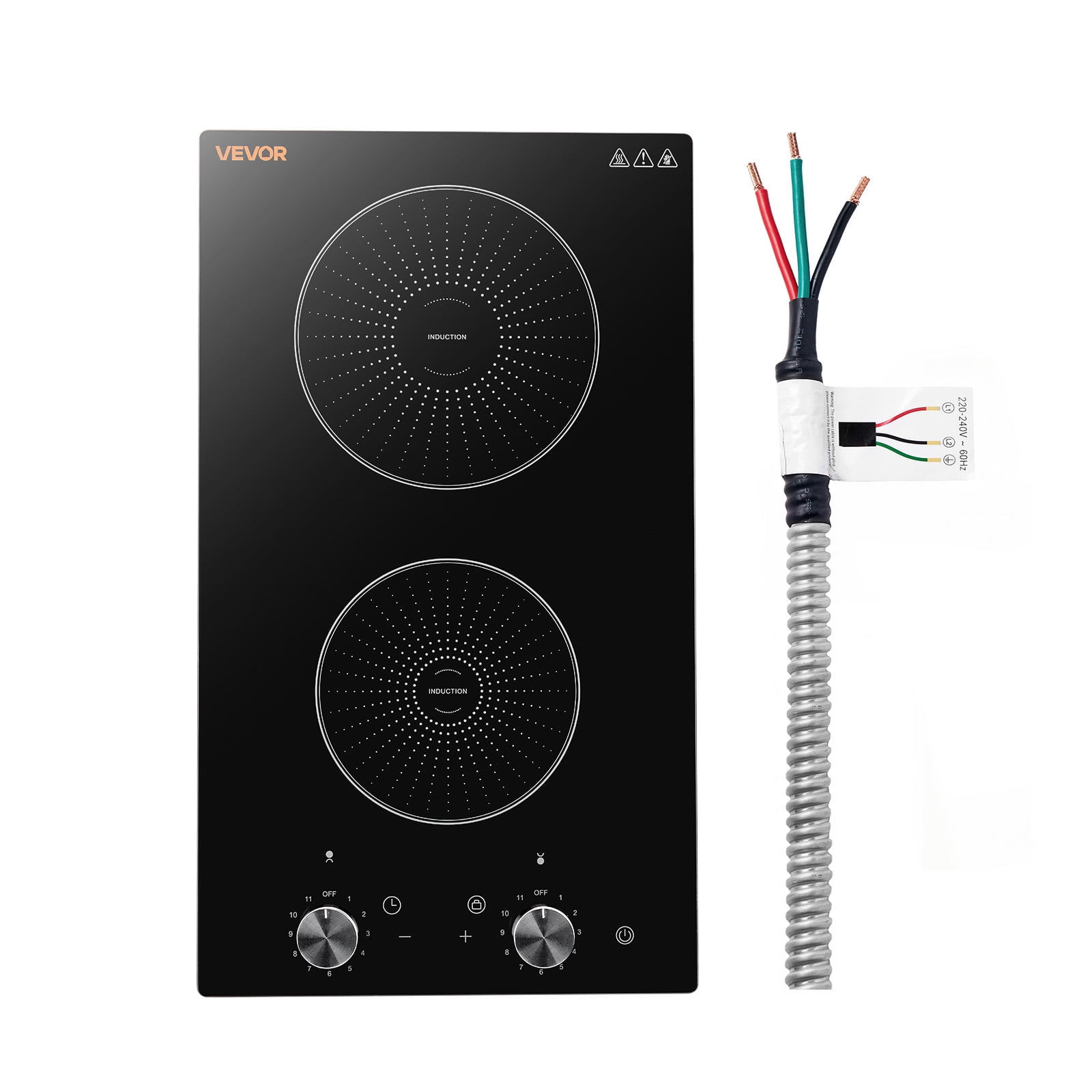VEVOR Induction Cooktop 12inch 2 Burners Built-in Electric Stove 220V 3500W, Induction Burner for Kitchen, with 11 Power Levels, Knob Control, Ceramic Glass Surface, Child Lock