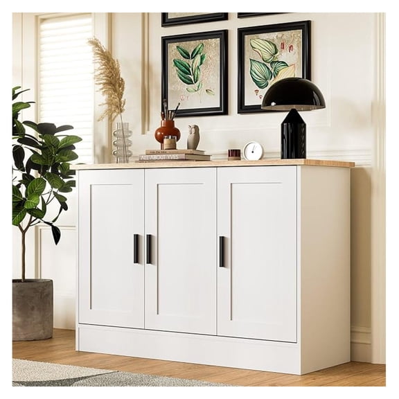 43.3”W White 3 Door Buffet Cabinet, Coffee Bar with Adjustable Shelf, Kitchen Sideboard for Living Room, Kitchen