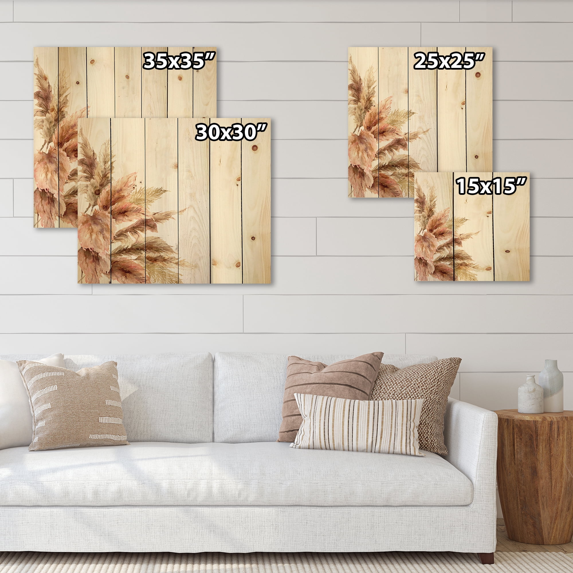 Designart 'Exotic Dry Pampas Grass On White Background' Traditional Print on Natural Pine Wood