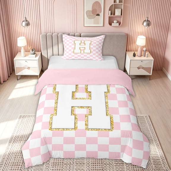 meiyoeat Glitter Print Letter H Twin Duvet Cover for Kids, Princess Grid Plaid Twin Bedding for Bedroom, Pink, Pink Reversible 2-Piece, 1 Duvet Cover and 1 Pillowcase (No Comforter)