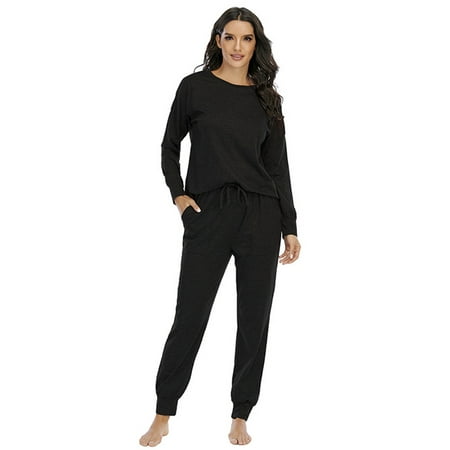 Womens Leopard Pajamas Set Long Sleeve Sleepshirts Round Neck Top with Drawstring Pajamas Pant Pjs Sets Soft Pleated Two Pieces Loungewear with Pockets Sleepwear S-XXL Black