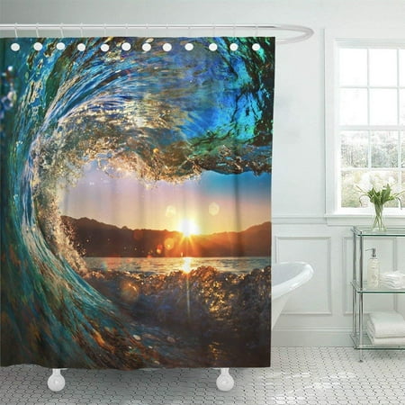 BPBOP Blue Sea Rough Colored Ocean Wave Falling Down at Sunset Time Surf Color Photography View Power Shower Curtain 60x72