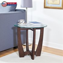 Hassch Modern Round Glass Side Table, 23.5" Dia Tempered Glass Top with Sturdy Solid Wood Base, Elegant Coffee Table for Living Room, Quick Assembly, Cherry