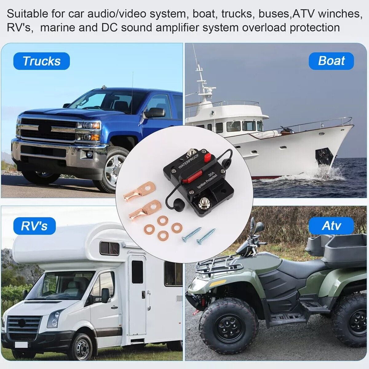 30 Amp Circuit Breaker 12V Marine Circuit Breaker 30A Resettable Fuse Circuit Breaker DC 12 Volt Waterproof for Automotive Car RV Boat
