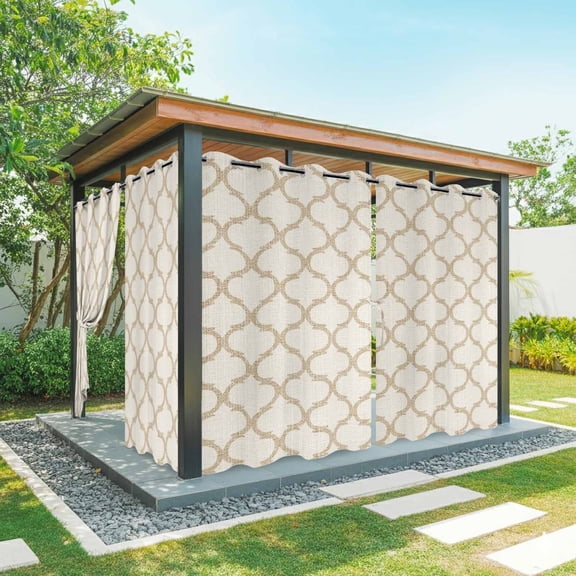 2 Panels Outdoor Curtains for Patio Waterproof 54"x108" Beige Moroccan Weatherproof Privacy Outsides Curtains, Morocco Geometric Quatrefoil Lattice Grommet Thermal Drapes for Cabana Porch Pergola