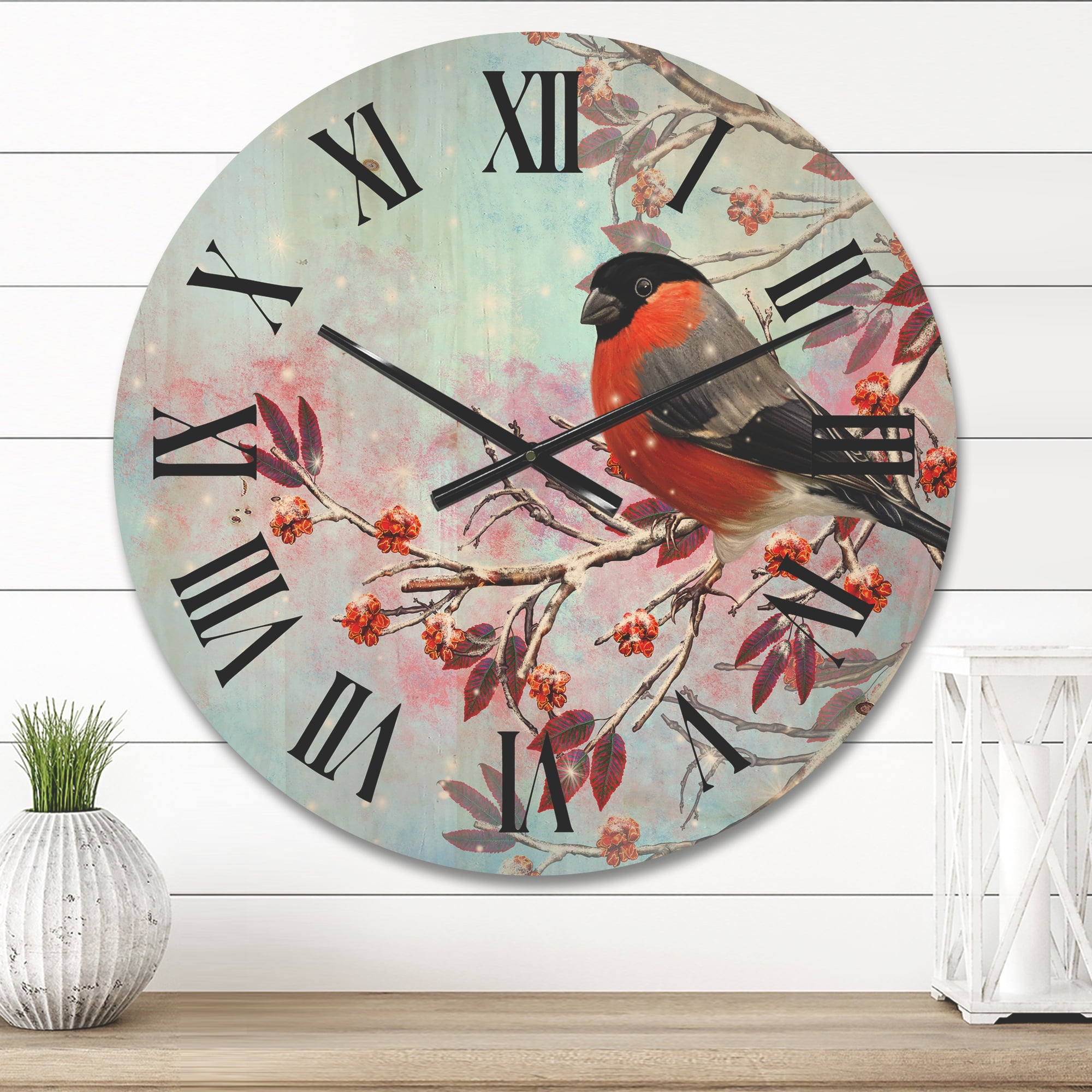 Designart 'A Bright Bullfinch Bird Sitting On A Branch' Traditional Wood Wall Clock
