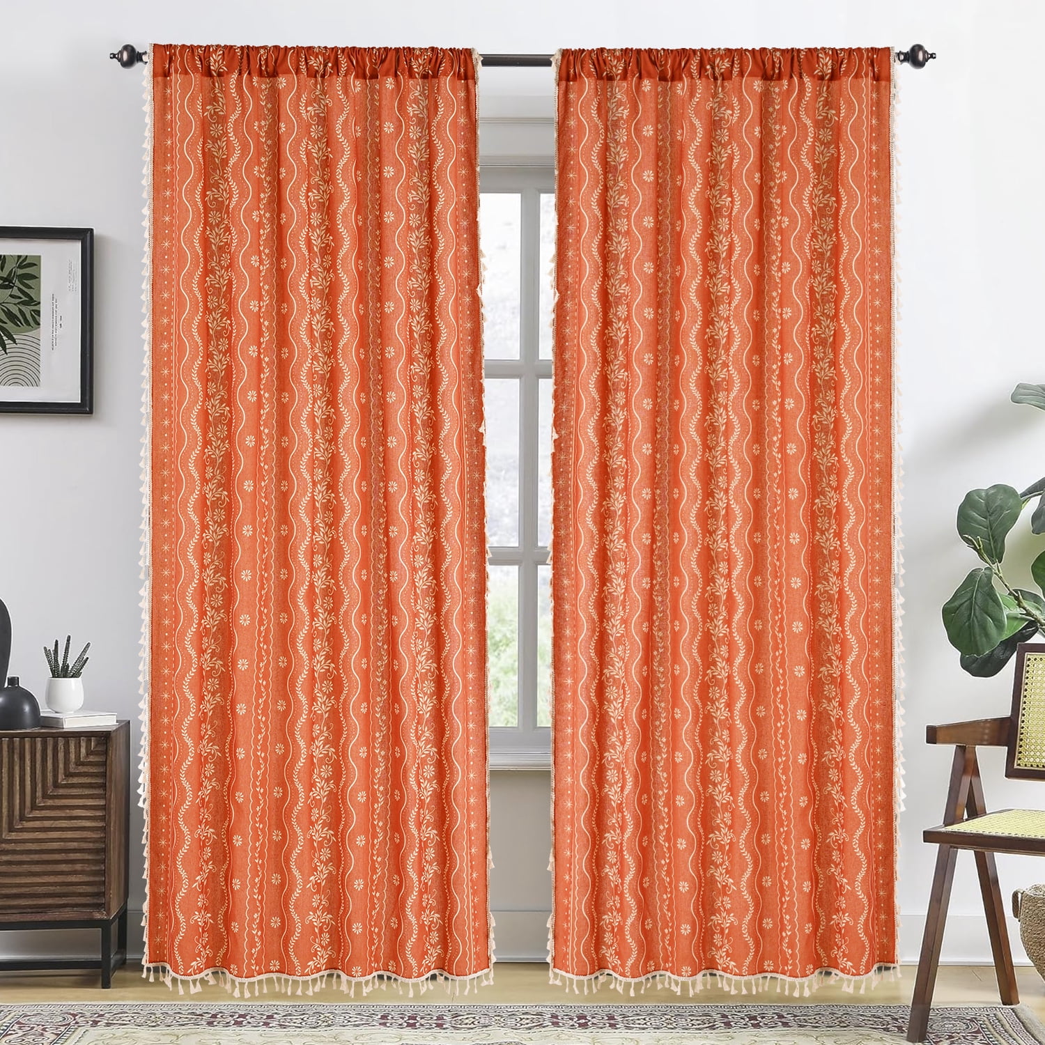Invoibler Boho Farmhouse Muted Faded Burnt Orange Filtering Window Curtains, Linen Blend Drapes with Tassels & White Pattern, 52" x 84", Set of 2