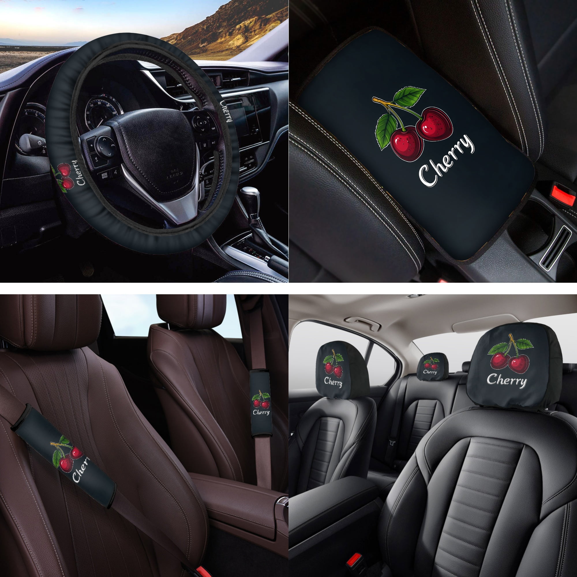 Jeiento Cherry 14 Pack Car Seat Covers Full Set Steering Wheel Cover Seat Belt Pads Center Console Cover Headrest Covers Coasters Auto Interior Sets Universal Fit for Most Vehicles