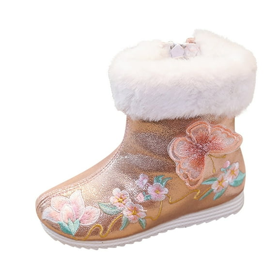 Otqutp Round Toe Shoes for Toddler Girls Shoes Butterfly Embroidered Warm Cotton Boots Embroidered Boots National Style Boots Princess Cotton Boots(A,3-3.5 Years)