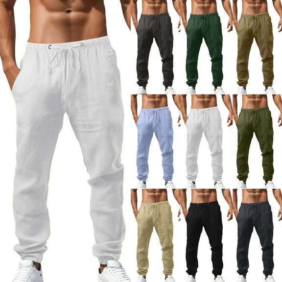 MNCEKFOD Men's Pants Summer Casual Mid Waist Loose Fit Elastic Waist Sports Slacks Breathable with Pockets Classic Fit Trousers Army Green L