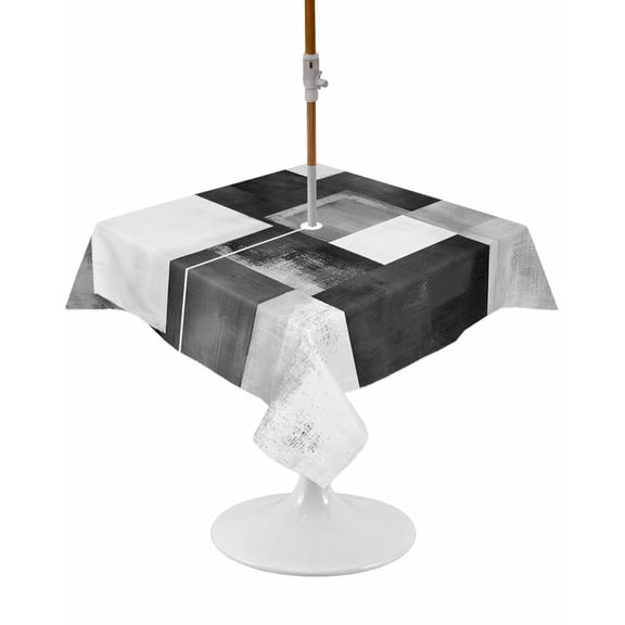 Outdoor Tablecloth with Umbrella Hole and Zipper Black Plaid Square Tablecloths 54x54 Inch Waterproof Table Cloths Abstract Art Color Block Patio Table Cover for Outdoor Tables Picnic BBQS Party