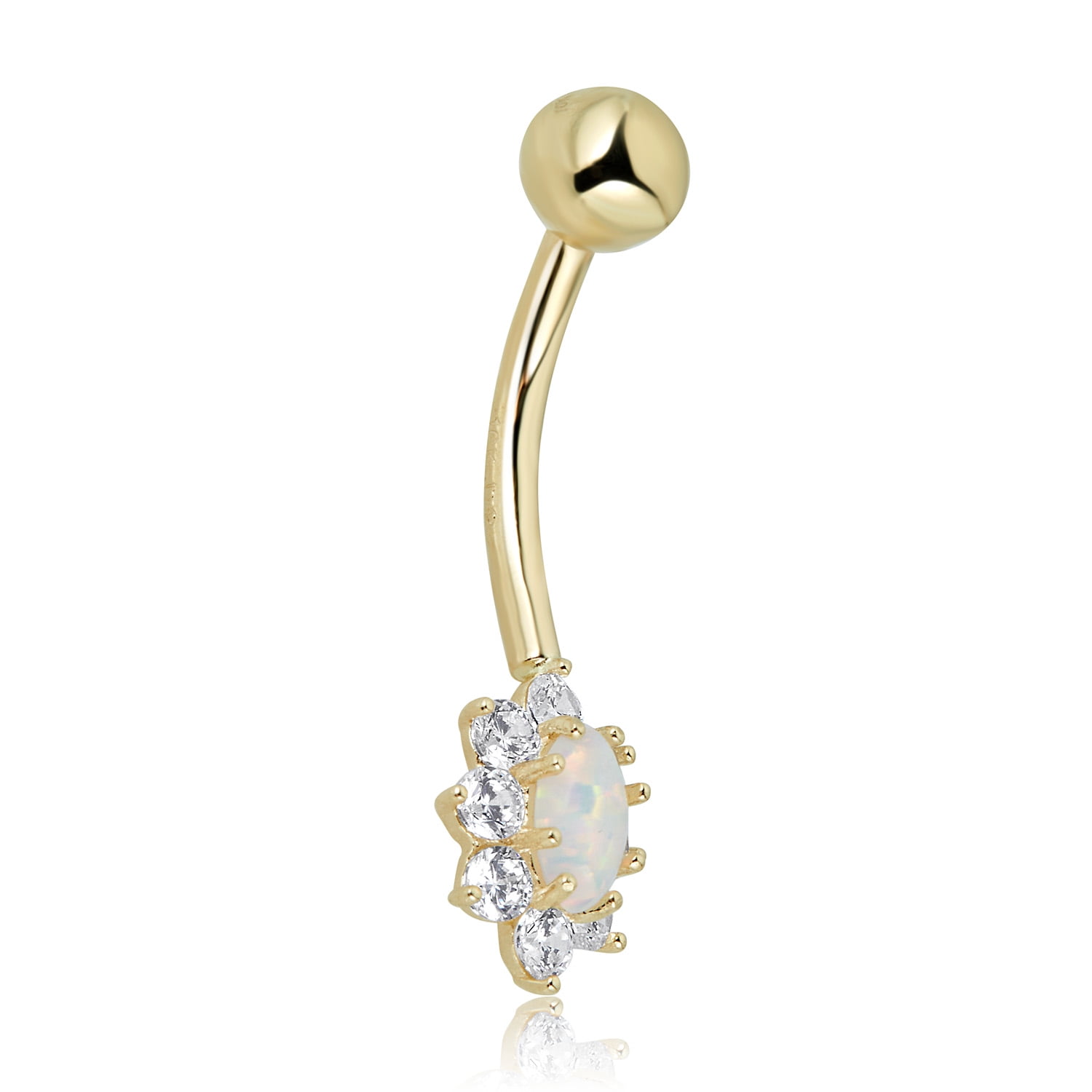 AVORA 10K Yellow Gold Oval-shaped Simulated Opal and Simulated Diamond CZ Belly Button Ring Body Jewelry (14 Gauge)