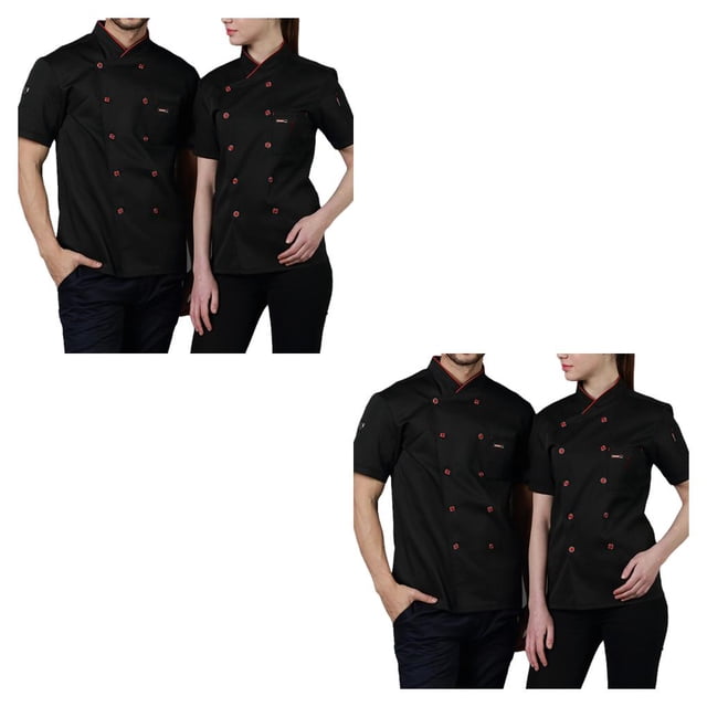 Inteprter Camisas de uniforme de Chef de algodón para hombres, abrigo de Chef, botones de delantal con bolsillos delanteros, bandas para el Negro L 2piezas