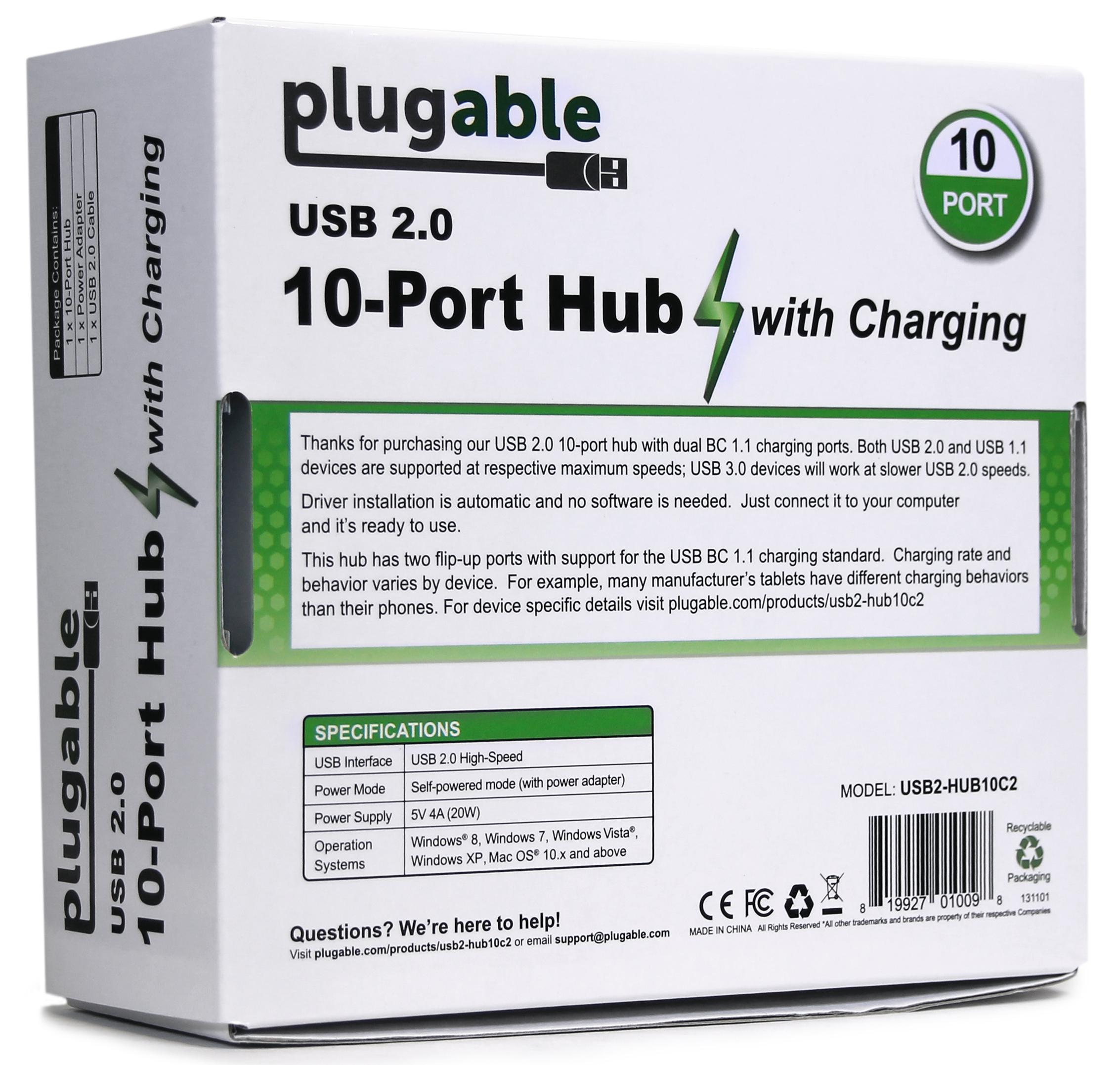 Plugable USB Hub, 10 Port - USB 2.0 with 20W Power Adapter and Two Flip-Up Ports - image 5 of 6