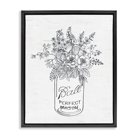 Stupell Industries Cottage Detailed Flower Bouquet Outline Drawing Rustic Jar Black Floating Frame Canvas Art, 17 x 21, by Lettered and Lined