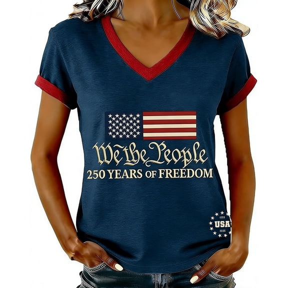 CUSTG T-Shirts Fashionable Casual Printed Short Sleeved V Neck T Shirt Tops For Women 1776-2026 Celebrate America's 250th Anniversary Fashionable Streetwear