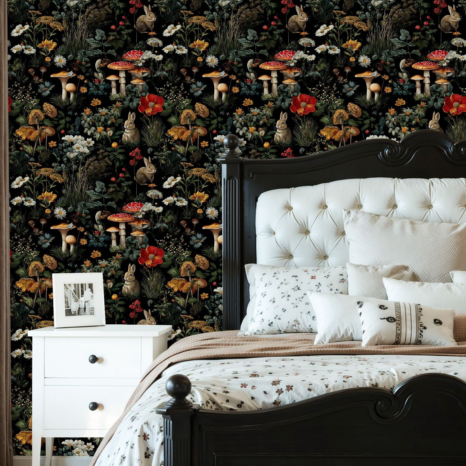 Peel and Stick Wallpaper Whimsical Forest Scene Mushrooms Wildflowers Rabbits Wall Mural 23.6in x 9.8ft Self Adhesive Removable Wall Paper Renter Friendly Wallpaper for Nursery Bedroom Cabinets