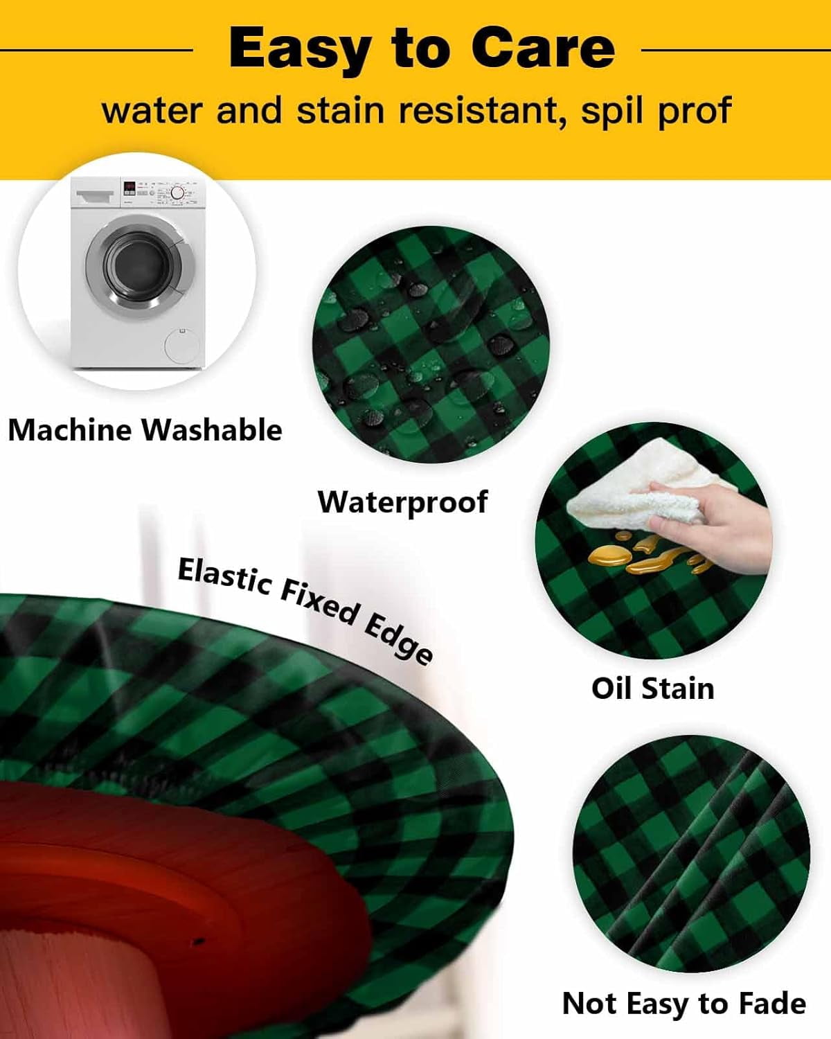 St Patrick''s Day Fitted Table Round Cover,Dark Hunter Green and Black Plaid Waterproof Elastic Edged Tablecloth,Buffalo Checker Table Covers Tabletop Protector for Indoor Outdoor Dinner Party Decor