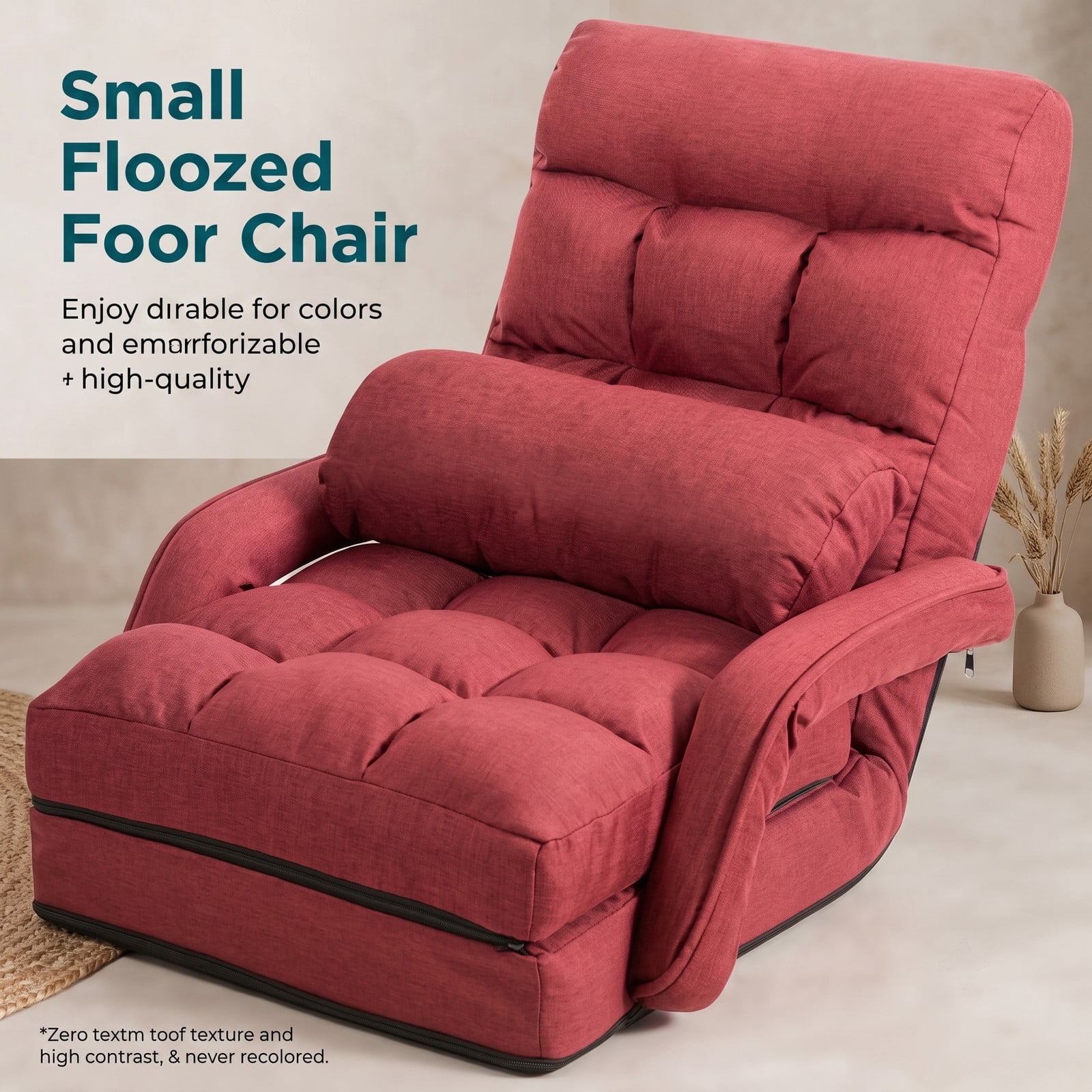 Furnibear Folding Lazy Floor Chair Sofa with Armrests and Lumbar Pillow, 6-Position Adjustable Padded Gaming Meditation Recliner for Living Room Bedroom, Red
