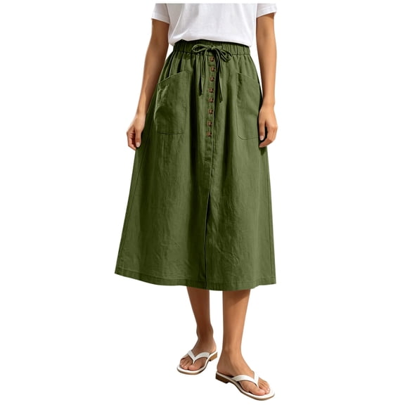 JGGSPWM Women's Linen Button Down Midi Skirt High Waist A-Line Casual Fashion Summer Vacation Skirt with Pockets Drawstring Cotton Skirts Green L