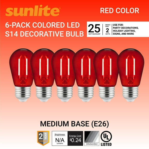 Sunlite LED S14 String Light Bulb, 2 Watts (25W Equivalent), Medium E26 Base, Party Decoration, Holiday Lighting, Transparent, Dimmable, UL Listed, Red, 6 Count