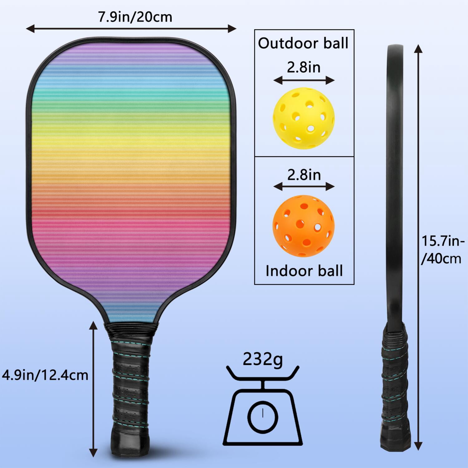 Pickleball Paddles Set Of 1, Fiberglass Surface, Vibrant Rainbow Print, 1 Paddle, 2 Balls & Bag