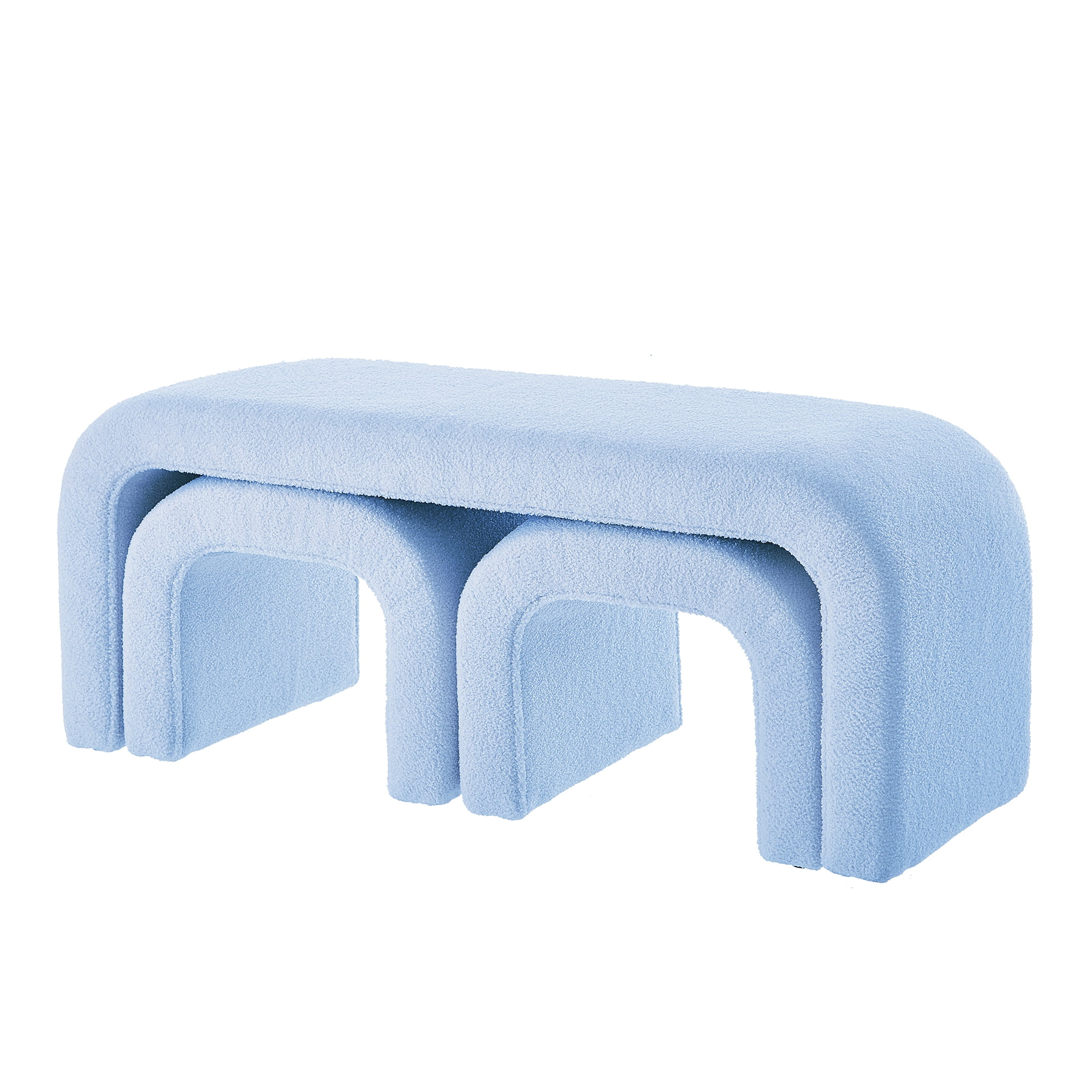 Aukfa 3-Piece U-Shaped Teddy Ottoman Bench Set, Upholstered End of Bed Bench, 2 Stools, No Assembly Required,Light Blue