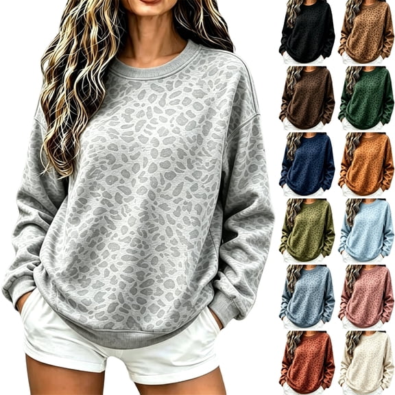 WULMLEO Women's Sweatshirt Crew Neck Long Sleeve Leopard Sweaters Stretch Sweatshirts Cute Lightweight Fall Pullover Tops Light Gray M