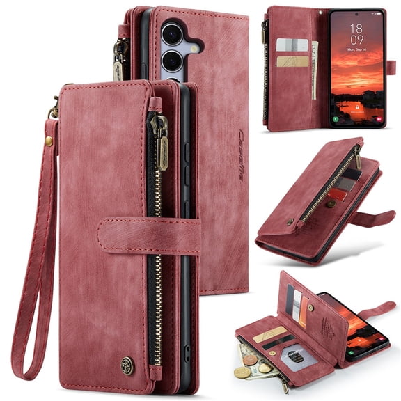 CaseMe Funda para Samsung Galaxy S25 Funda Tipo Billetera para Mujer y Hombres, Moda Duradera de Cuero de PU con Tapa Magnética y Correa para el Cordón, Tarjetero con Cierre, Funda para Teléfono